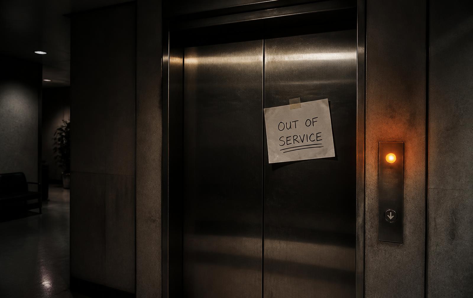 Elevator doors in a dim lobby with a handwritten out of service sign taped to them